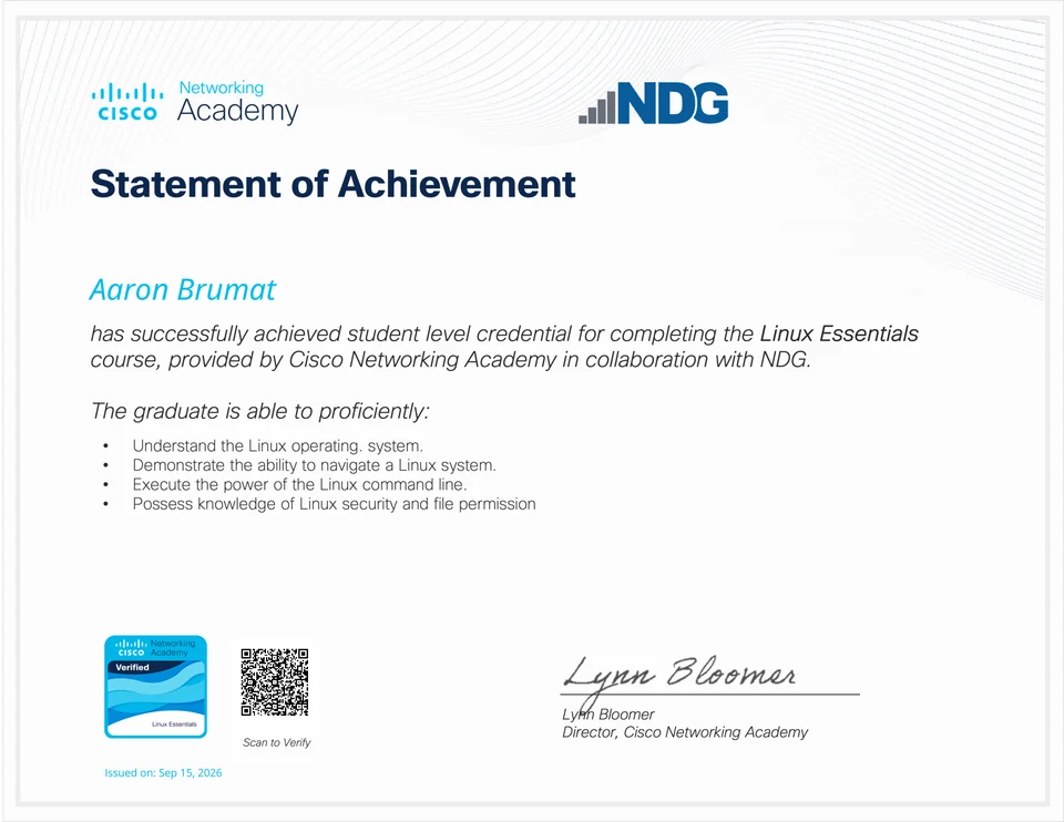 Statement of Achievement de Linux Essentials otorgado a Aaron Brumat por Cisco Networking Academy y NDG, emitido el 15 de septiembre de 2026.