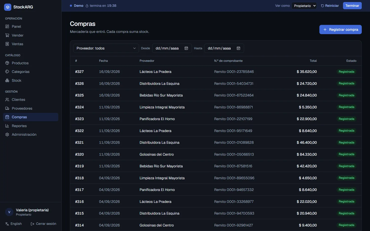 Historial de compras a proveedores de StockARG.