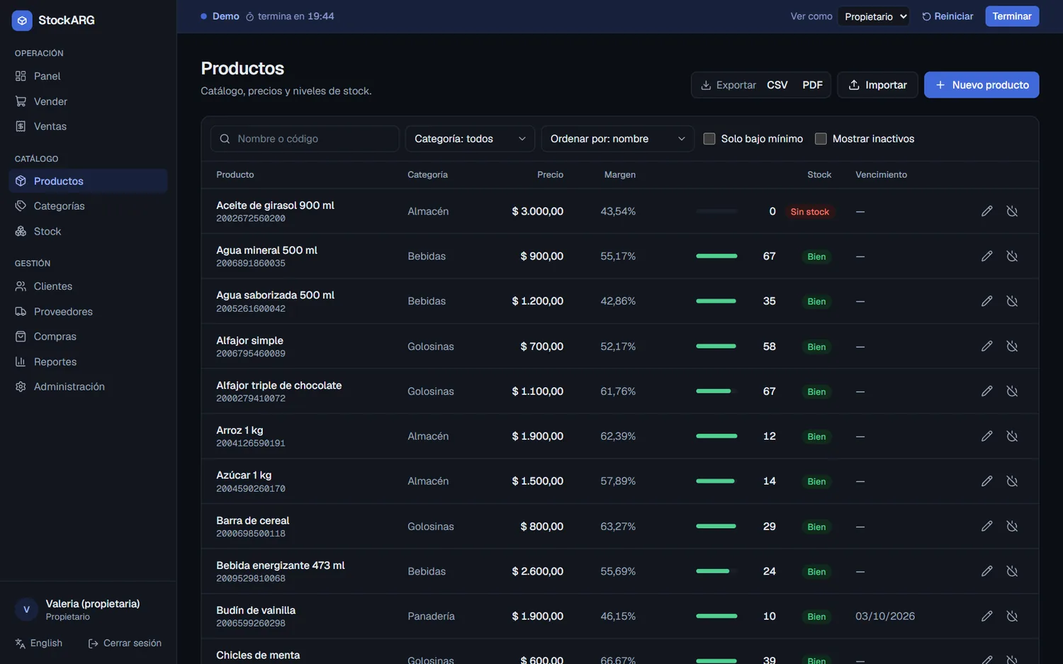Catálogo de productos de StockARG con precio, margen y nivel de stock.