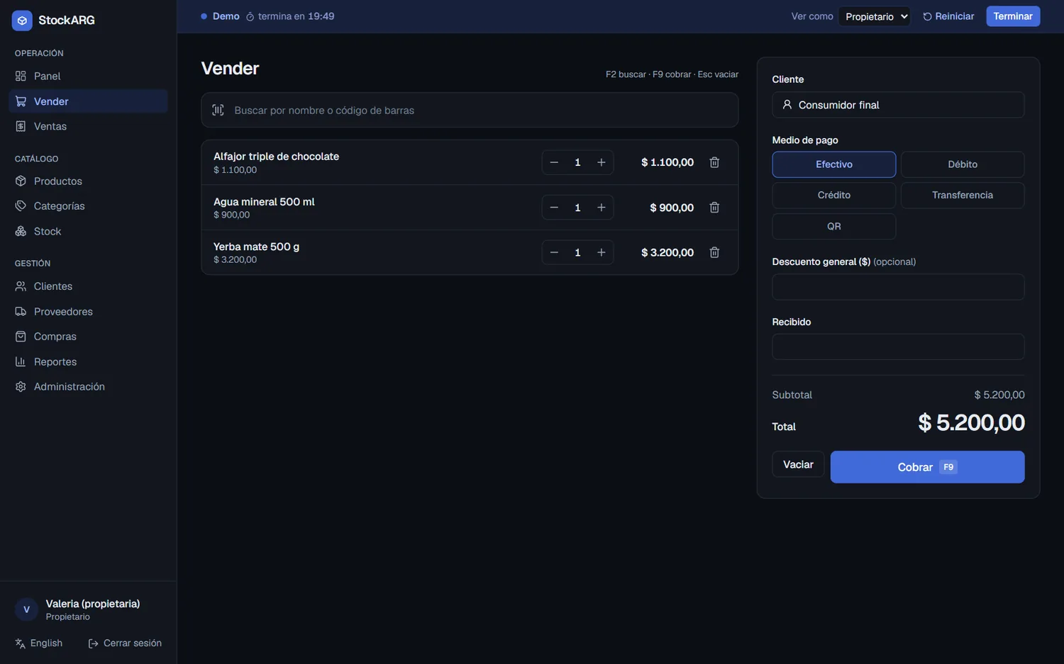 Punto de venta de StockARG con el ticket armado, medios de pago y total.