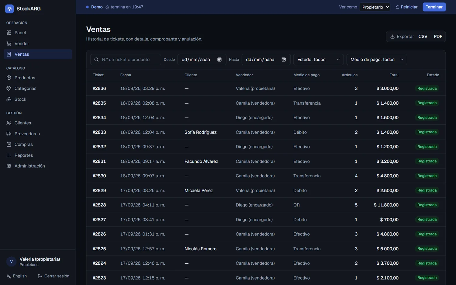 Historial de ventas de StockARG con filtros, cliente, vendedor y medio de pago.